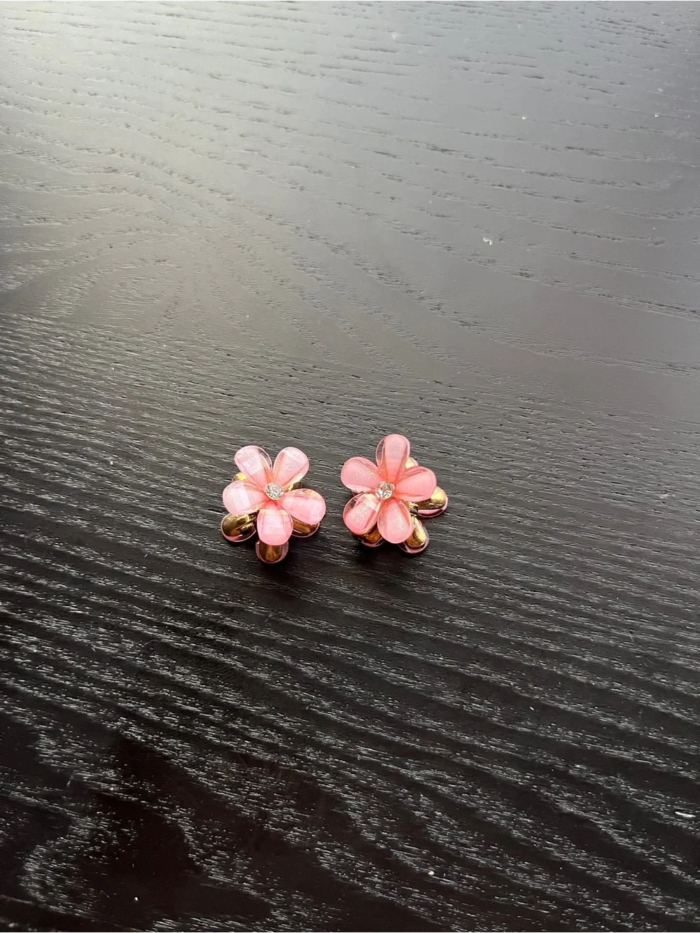 Pink Flower Mini Hair Claw Clips Gold Accent 2 Pack